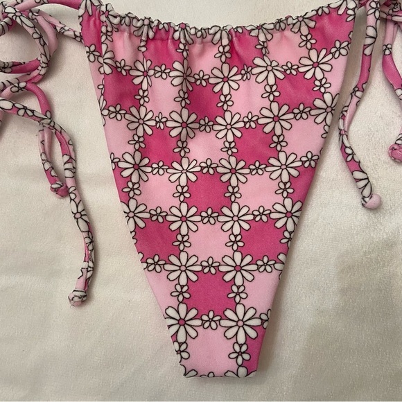 New! Frankie’s bikinis Tia Terry String Bikini Bottom Pink Daisy 3730 - Picture 3 of 9